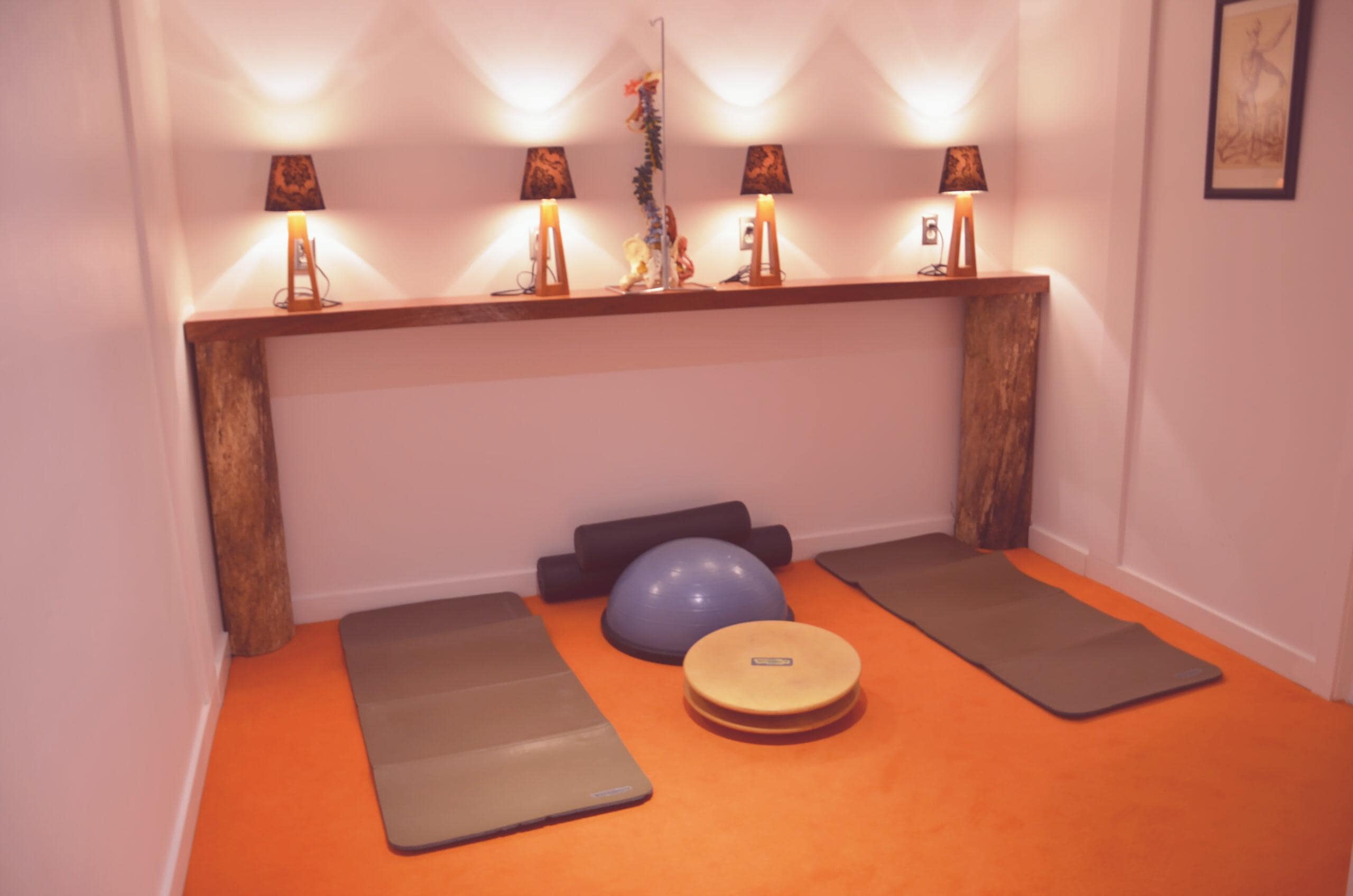 Exercise room with BOSU, balance board and foam rollers - salle d'entrainement avec BOSU, planche d'équilibre et rouleaux en mousse